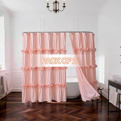 Homechoice Decor 2-Piece Peach Shower Curtain, 72" W x 72" H x 2 Panels | Soft Fabric Double Panels for Easy Access, Cozy Brushed Texture, Ruffle Design, Everyday Bathroom Décor (LQ-44)