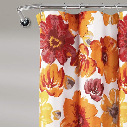 Lush Decor Leah Floral Shower Curtain, 72" W x 72" L, Red & Orange - Fabric Shower Curtains - Watercolor Botanical Bathroom Curtain - Farmhouse & French Country Decor