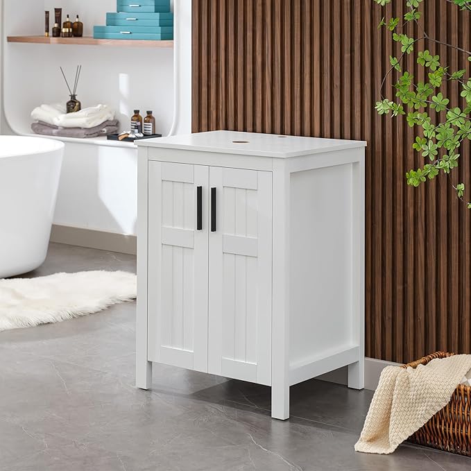 UEV White 24" Bathroom Vanity Without Sink,Modern Freestanding Sink Cabinet,Stylish Bathroom Vanity Cabinet,Grooved Double Doors,Metal Handles
