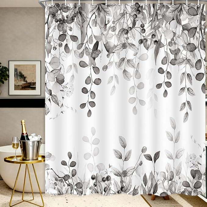 Long Gray Eucalyptus Shower Curtain 72X78 Inch, Black and White Watercolor Plants Leaves Tall Bathroom Curtains, Botanical Foliage Waterproof Fabric Cloth Shower Curtain Set with Hooks