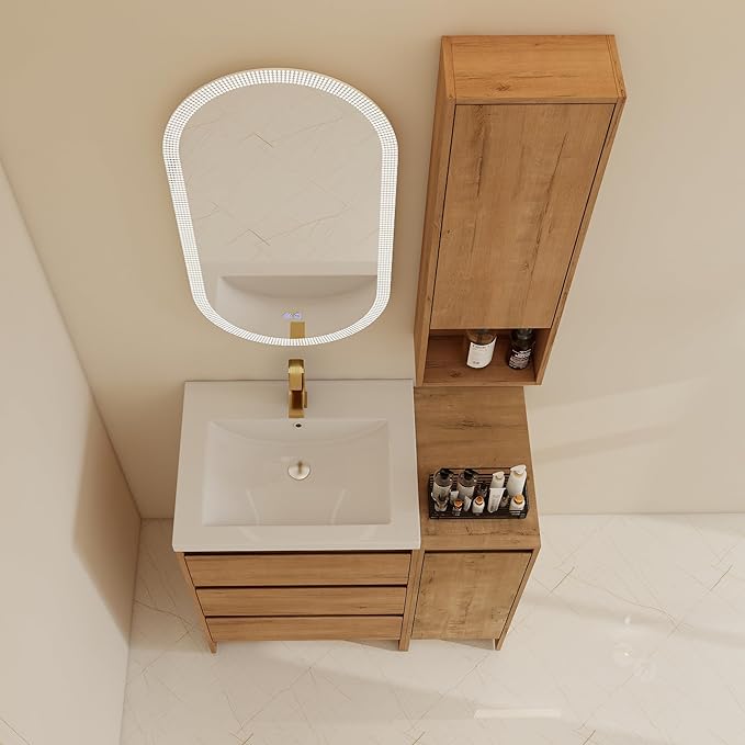 36" Bathroom Vanity Set, 36 Inch Modern Freestanding Vanity with 3 Drawers and Wall-Mounted Side Cabinet, Single Resin Sink Floor Stand Cabinet Set Imitative Oak