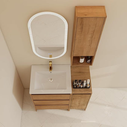 36" Bathroom Vanity Set, 36 Inch Modern Freestanding Vanity with 3 Drawers and Wall-Mounted Side Cabinet, Single Resin Sink Floor Stand Cabinet Set Imitative Oak