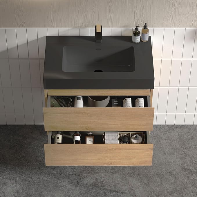 30" Floating Bathroom Vanity with Black Sink, Modern Bathroom Cabinet with Top and Soft Close Drawers, Spacious Storage for Small Space, Natural Oak - Lavanda Collection