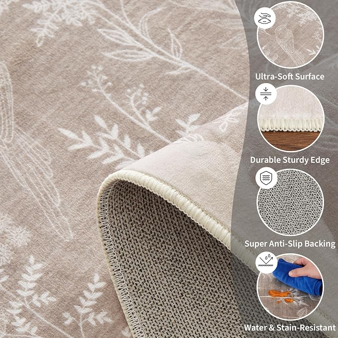 GarveeHome Washable 8x10 Area Rugs for Living Room Scalloped Floral Bedroom Rug, Non-Slip Stain Resistant Dining Table Carpet, Botanical Large Rug Neutral Carpet for Farmhouse Dorm Home Office, Taupe