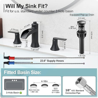 Matte Black Bathroom Faucet 3 Hole, Brass 8 Inch Bathroom Sink Faucet Waterfall, 2 Handles Widespread Basin Tap with Pop-up Drain & Supply Hose for Vanity, Farmhouse, Restroom Sink