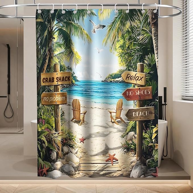 Luxury Summer Beach Shower Curtain Modern Coastal Tropical Palm Tree Pretty | Unique Shower Curtains for Bathroom, Waterproof Bath Curtain with Hooks Machine Washable Bathtub Curtains 60x72 Inch Geeen