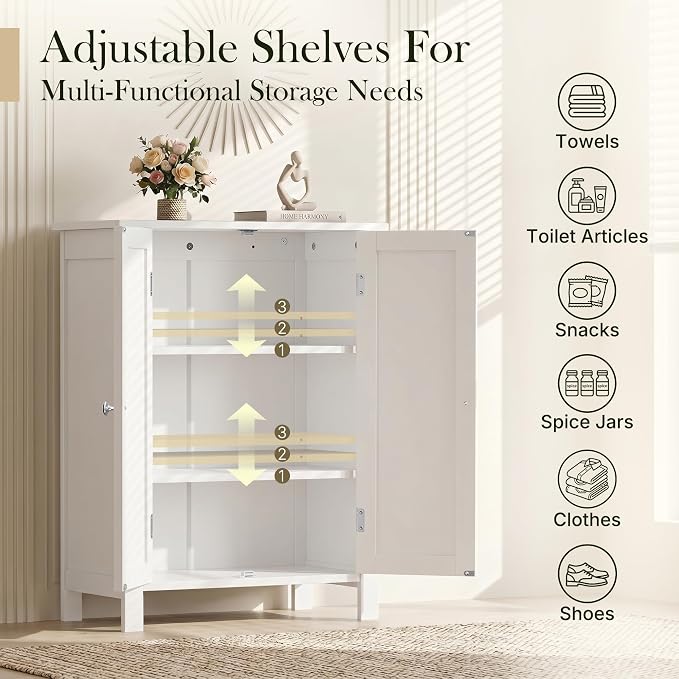 ZENY Bathroom Floor Storage Cabinet with Double Door + Adjustable Shelf, Wooden Organizer Cabinet for Living Room, Bathroom, Bedroom, Modern Home Furniture (White)