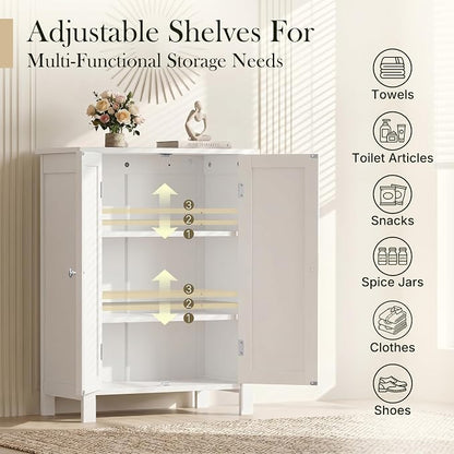 ZENY Bathroom Floor Storage Cabinet with Double Door + Adjustable Shelf, Wooden Organizer Cabinet for Living Room, Bathroom, Bedroom, Modern Home Furniture (White)