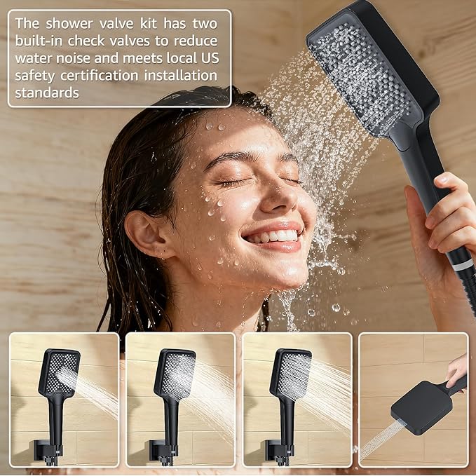 Shower System Modern Rain 8 inches Brass Faucet Set With Valve and Diverter Shower Mixer With Handheld High Pressure Square Rainfall Shower Valve (8'' Wall Mount, Matte Black)