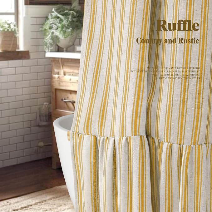 Farmhouse Shower Curtain Ruffle Linen Cream-Yellow Stripe 72"W x 78"L | Farmhouse Boho, Striped, Bottom Ruffle, Linen Fabric, Rustic, Country, Natural Look, Washable, for Bathroom Bathtub
