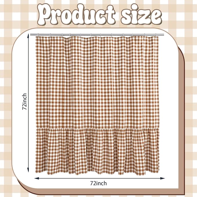 HunnmingRe Ruffle Hem Gingham Shower Curtain Taupe | 72'' x 72'' Vintage Farmhouse Curtain, Cotton Cottage Core Rural Checkered Plaid Decor, Fall Shower Curtain for Bathroom