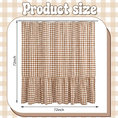 HunnmingRe Ruffle Hem Gingham Shower Curtain Taupe | 72'' x 72'' Vintage Farmhouse Curtain, Cotton Cottage Core Rural Checkered Plaid Decor, Fall Shower Curtain for Bathroom