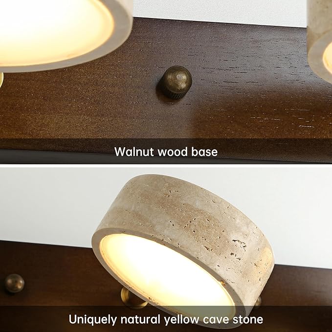 Wood Farmhouse Bathroom Vanity Light,Natural Stone Travertines Walnut Wall Lamp 3 Lights Travertine Shade Wabi Sabi Lamp, Linear Bathroom Vanity Lighting Rotatable 30W LED Wall Fixture Over Mirror