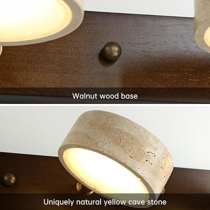 Wood Farmhouse Bathroom Vanity Light,Natural Stone Travertines Walnut Wall Lamp 3 Lights Travertine Shade Wabi Sabi Lamp, Linear Bathroom Vanity Lighting Rotatable 30W LED Wall Fixture Over Mirror