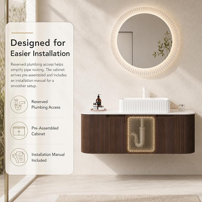 48 Inch Bathroom Vanity with Sink, Floating Wall Mounted Single Sink Vanity, Dark Walnut Curved Fluted Front, Stone Top, White Textured Rectangular Vessel Basin, Pre-Assembled