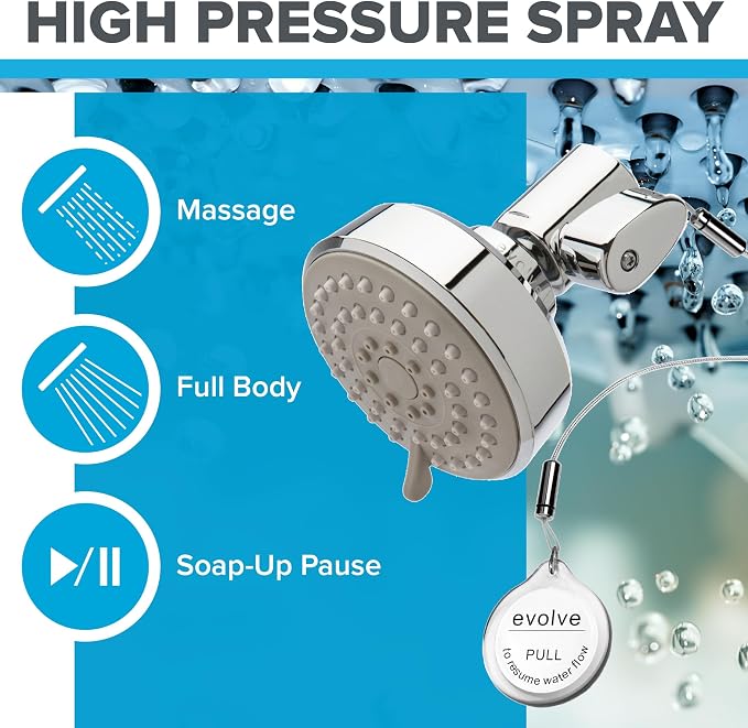Evolve ShowerStart Multifunction Shower Head with Thermostatic Shut-Off Valve | 1.50 GPM High Pressure | Water Saving | Hot Water Standby | Energy Saving Fixed Showerhead | Easy Install | Chrome
