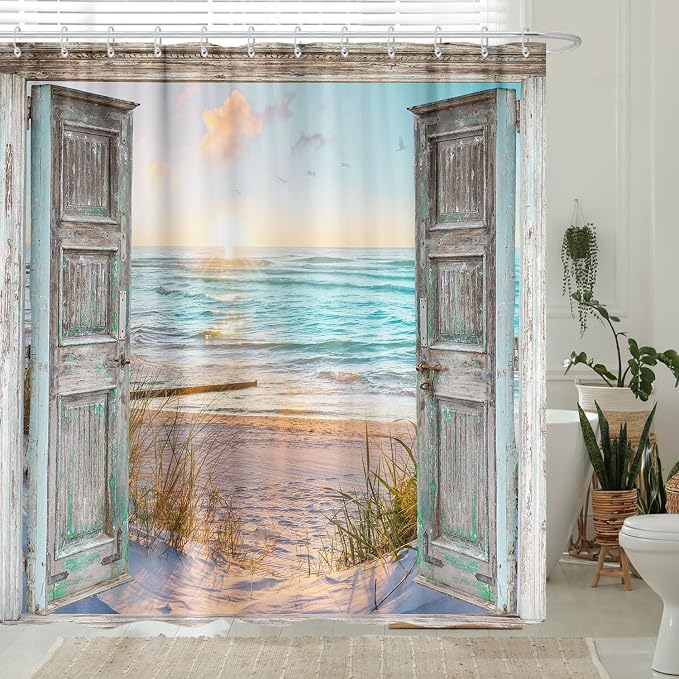 Boho Beach Coastal Shower Curtain, Teal Ocean Sunrise Seaside Seascape Nautical Beachy Shower Curtain Set, Rustic Barn Door Seashore Fabric Shower Curtain for Bathroom 12 Hooks, 72"×78" Turquoise