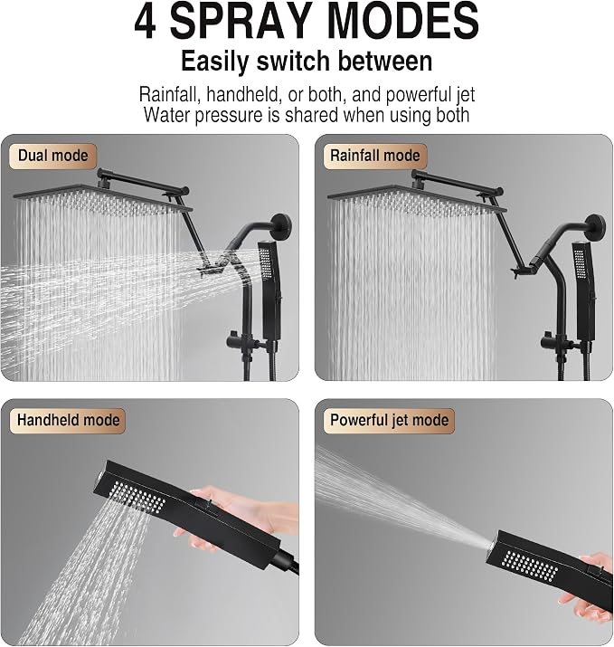 All Metal 10 Inch Rain Shower Head with Handheld Built-in Power Wash Mode, High Pressure Waterfall Rainfall Square Shower Heads with 16" Adjustable Extension Arm, Dual Showerhead, Matte Black