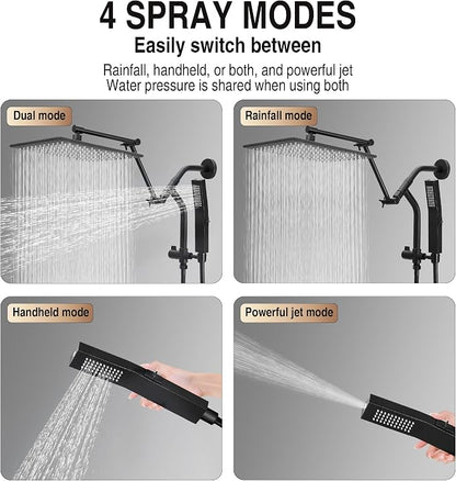 All Metal 10 Inch Rain Shower Head with Handheld Built-in Power Wash Mode, High Pressure Waterfall Rainfall Square Shower Heads with 16" Adjustable Extension Arm, Dual Showerhead, Matte Black