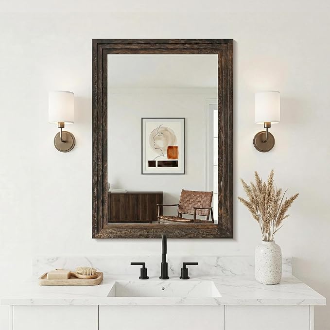 Farmhouse Rustic Wood Framed Bathroom Vanity Mirror for Wall, 20x30, Brown | Recessed Stepped Solid Wood Frame, HD Shatterproof Glass, Vertical/Horizontal Mount, for Bathroom Sink, Living Room, Entryway