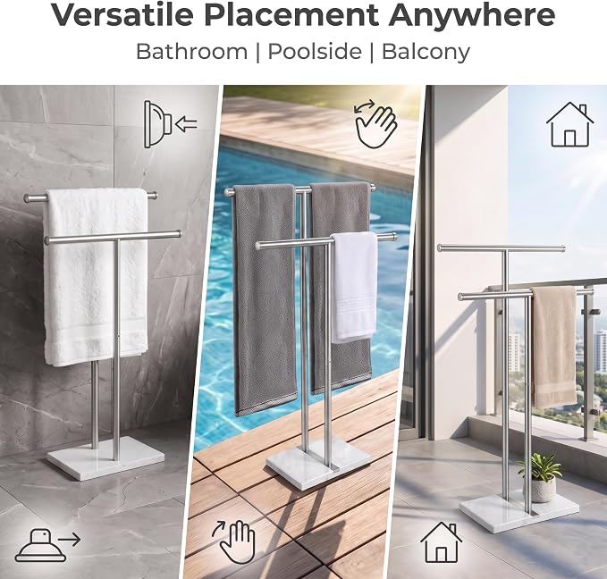 Double T Free Standing Towel Rack, Telescoping Marble Towel Stand | Expandable dual T-bar towel holder for bathroom with heavy marble base, adjustable height rustproof floor stand for pool