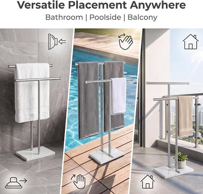 Double T Free Standing Towel Rack, Telescoping Marble Towel Stand | Expandable dual T-bar towel holder for bathroom with heavy marble base, adjustable height rustproof floor stand for pool