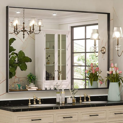 Keonjinn 48x36 Inch Black Bathroom Mirror for Over Sink, HD Tempered Glass | Rectangular, Vanity Mirror, Brushed Framed, Square Corner, Modern Farmhouse, Wall Mounted Mirrors, Aluminum Alloy