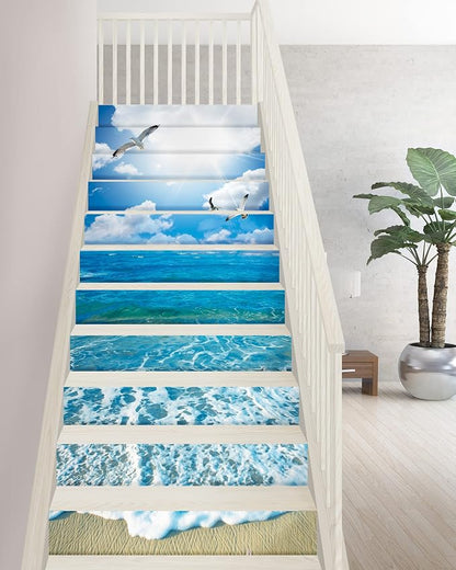 FLFK Stair Riser Decals,Sunshine Ocean Beach Vinyl Sticker for Stairs Decoration,14Pcs 39.3"X7.08"