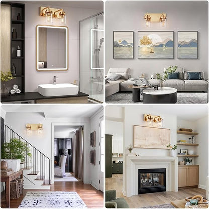 Bathroom Vanity Fixtures, 2 Light Matte Gold Vanity Light with Clear Glass Shade, 15in Farmhouse wall Light, Lighting Fixture Over Mirror for Bathroom
