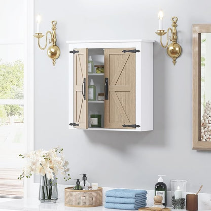 Spirich Bathroom Wall Cabinet Over Toilet, Farmhouse Wall Mounted Medicine Cabinet Organizer with Wood Grain Barn Doors and Adjustable Shelves