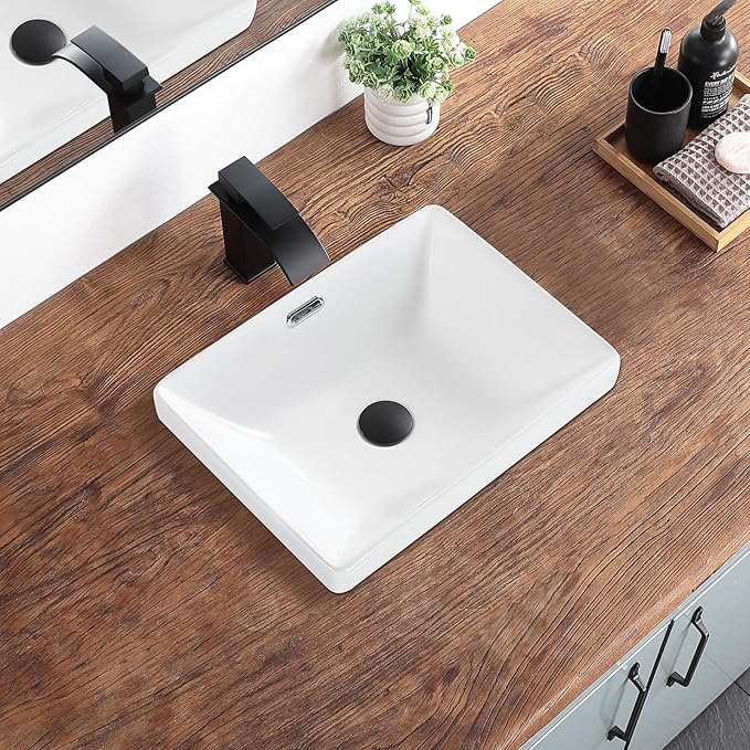 Bathroom Vessel Sink 16.7" X 12.6" Semi Recessed Bathroom Sink Rectangular Drop In Bathroom Sinks with Overflow White Ceramic Vessel Sinks for Bathroom Modern Above Counter Basin Vanity Sink