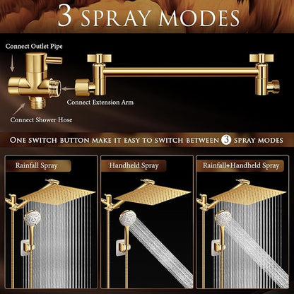 12'' Gold Shower Head with 11'' Extension Arm and 5 Setting Handheld shower | High Pressure Rainfall Shower Head Combo with Handheld, High Pressure Rain Showerhead with 60 Inch Shower Hose. Anti-Leak