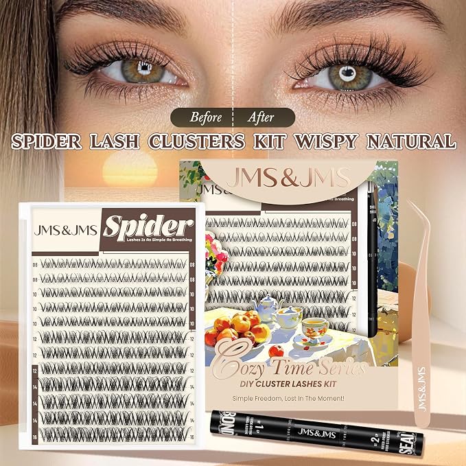 JMS&JMS Spider Lash Clusters Kit Breeze Wispy Eyelash Clusters Kit Natural Invisible Band D Curly 8-16mm Spider Lashes Kit