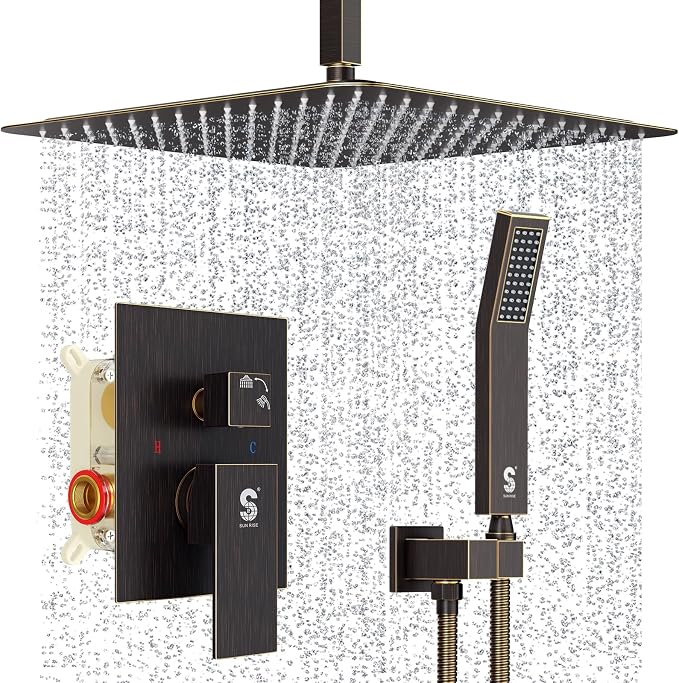 SR SUN RISE 16 Inches Oil Rubbed Bronze Shower Faucets Sets Complete Bathroom Rain Mixer Shower System Ceiling Mounted Rainfall Shower Head System (Contain Shower Faucet Rough-In Valve Body and Trim)