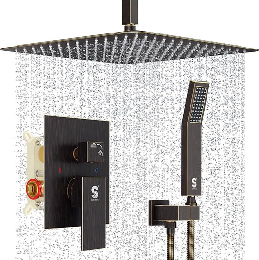 SR SUN RISE 16 Inches Oil Rubbed Bronze Shower Faucets Sets Complete Bathroom Rain Mixer Shower System Ceiling Mounted Rainfall Shower Head System (Contain Shower Faucet Rough-In Valve Body and Trim)