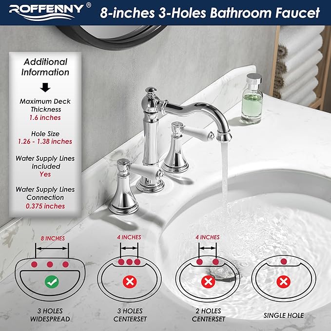 Porcelain 2-Handle Chrome Bathroom Faucets 8 inch Widespread for 3 Holes with Plastic Pop-Up Drain & 2Pcs Water Supply Lines, Classic Chrome Bathroom Vanity Sink Faucet, Brass Swivel Spout