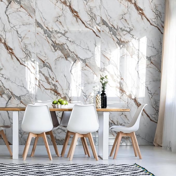 Marble Peel and Stick Waterproof Wall Paneling, 118" x 47" Calacatta Gold Glossy Finish Self-Adhesive Backsplash Tile Vinyl Wall Panel for Kitchen Bathroom Wall Decor, Covers 38.75 Sq. Ft.