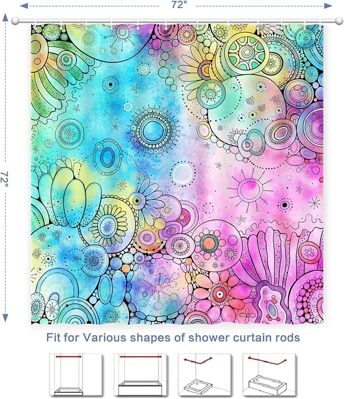 Watercolor Shower Curtain, Doodle Painting Shower Curtain Waterproof Shower Curtain Sets for Bathroom with 12 Hooks Polyester Fabric Machine Washable Home Office Decor Bath Curtain