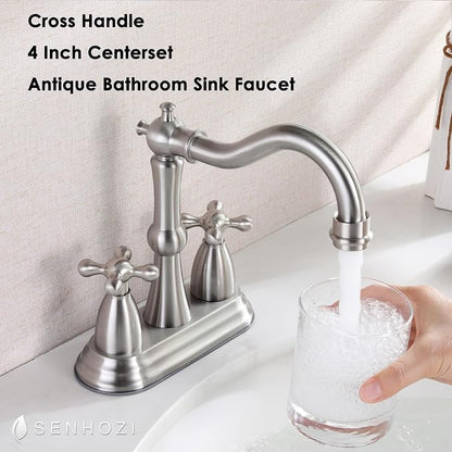 Brushed Nickel Bathroom Faucet, 4 Inch Antique Bathroom Faucet | with Pop up Drain, Stainless Steel, Cross Handles, 4 Inch Centerset