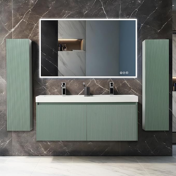 Blossom 48 Inch Double Sink Bathroom Vanity with Side Cabinets, All Wood Wall Mounted Floating Bathroom Vanity with Acrylic Sink, Soft-Close Drawers, Bathroom Vanities, Aventurine Green