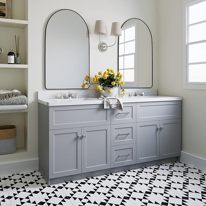 ARIEL Hamlet 72-inch Bathroom Vanity with Sink,Solid Wood, 1.5-inch Pure White Quartz Countertop & Backsplash, Double Rectangular Porcelain Sink, 4 Soft Closing Doors, 3 Dovetail Drawers, Grey