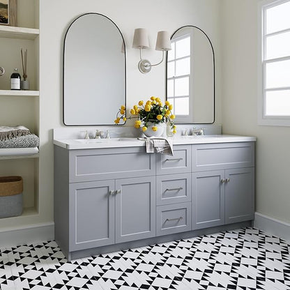 ARIEL Hamlet 72-inch Bathroom Vanity with Sink,Solid Wood, 1.5-inch Pure White Quartz Countertop & Backsplash, Double Oval Porcelain Sink, 4 Soft Closing Doors, 3 Dovetail Drawers, Grey