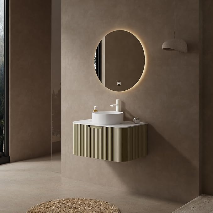 Yayzy 30" Floating Bathroom Vanity with Sink, Solid Wood Fluted Cabinet, White Round Ceramic Basin & Faux Marble Top, Soft-Close Drawer, Pre-Assembled, Light Green