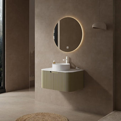 Yayzy 30" Floating Bathroom Vanity with Sink, Solid Wood Fluted Cabinet, White Round Ceramic Basin & Faux Marble Top, Soft-Close Drawer, Pre-Assembled, Light Green