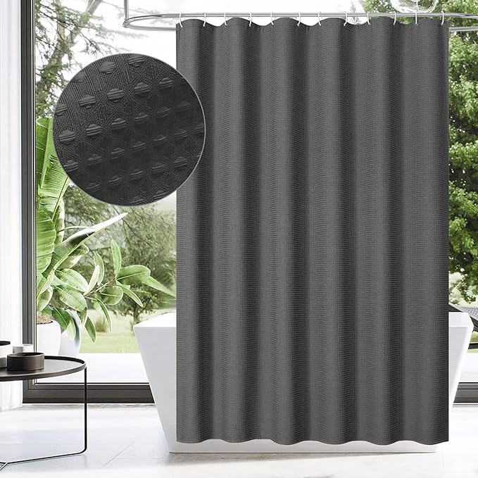 MitoVilla Grey Waffle Small Stall Shower Curtain 36 x 72, Half Size Fabric Narrow Shower Curtains for Bathroom Decor, 36 inch Weighted Shower Curtain Set with Plastic Hooks, Charcoal Grey