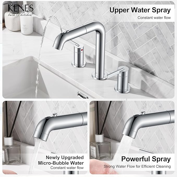 KENES Pull Down Bathroom Faucet with Sprayer, Chrome 8 Inch 2 Handle Widespread Bathroom Faucet 3 Hole with Pull Out Sprayer, Vanity Faucet with Pop Up Drain & Supply Lines LJ-9058A-5