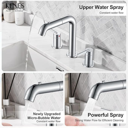 KENES Pull Down Bathroom Faucet with Sprayer, Chrome 8 Inch 2 Handle Widespread Bathroom Faucet 3 Hole with Pull Out Sprayer, Vanity Faucet with Pop Up Drain & Supply Lines LJ-9058A-5