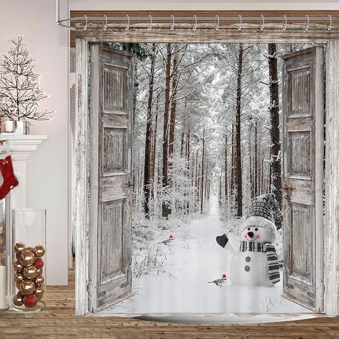 Winter Christmas Shower Curtain, Cute Snowman Winter Forest Pine Tree Scene Shower Curtain for Bathroom Rustic Farmhouse Xmas Snowflake Holiday Gray Bathroom Accessories Polyester 72"X72" with Hooks