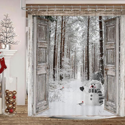 Winter Christmas Shower Curtain, Cute Snowman Winter Forest Pine Tree Scene Shower Curtain for Bathroom Rustic Farmhouse Xmas Snowflake Holiday Gray Bathroom Accessories Polyester 72"X72" with Hooks
