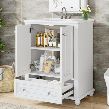 Tribesigns 24" Bathroom Vanity with Ceramic Sink Combo, Freestanding Bathroom Storage Vanity Cabinet with 2 Doors & 1 Drawer, Solid Wooden Frame & Coated Surface, Metal Handle, White